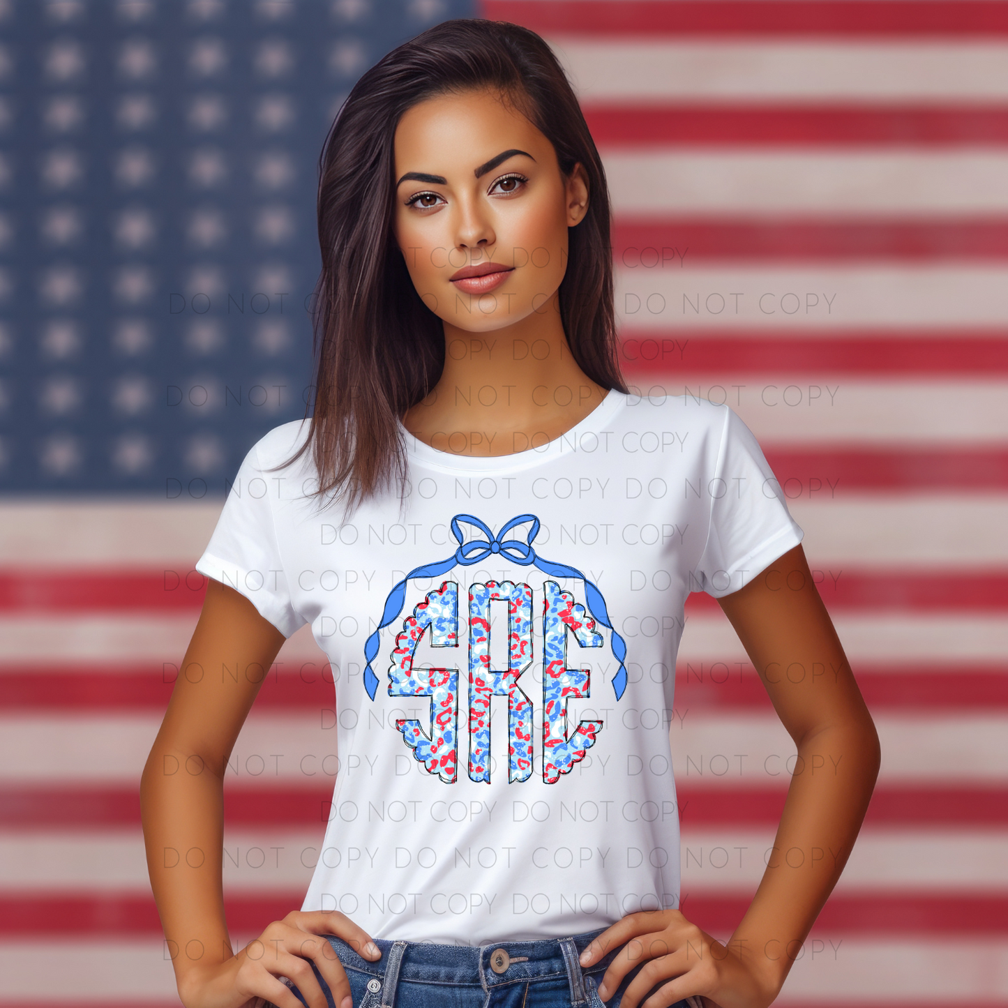 Patriotic Leopard Print Monogram-Dark Blue Ribbon